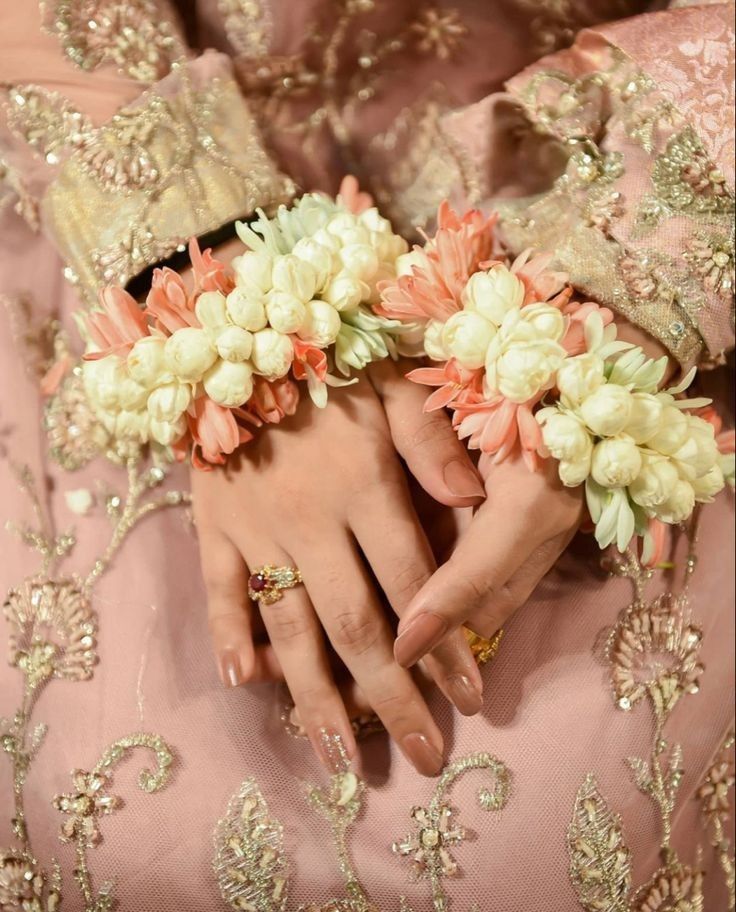 Elegant Peach and White Jasmine Floral Wrist Cuffs (Gajray)