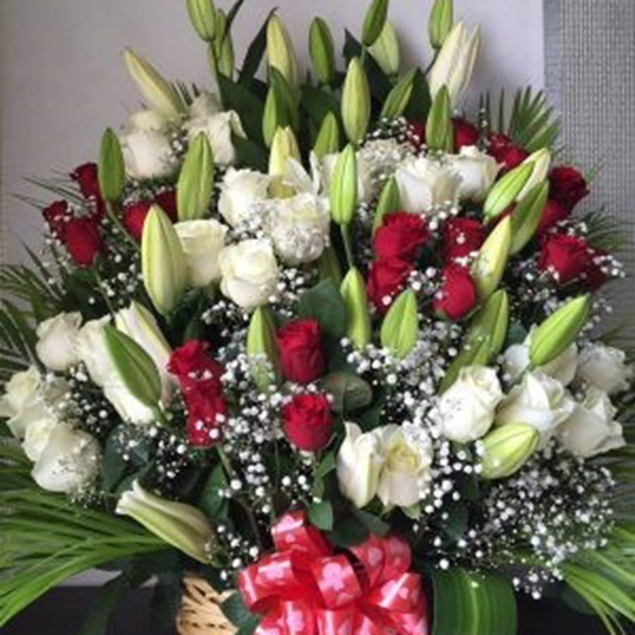 Premium White & Red Rose Basket with Lily Buds