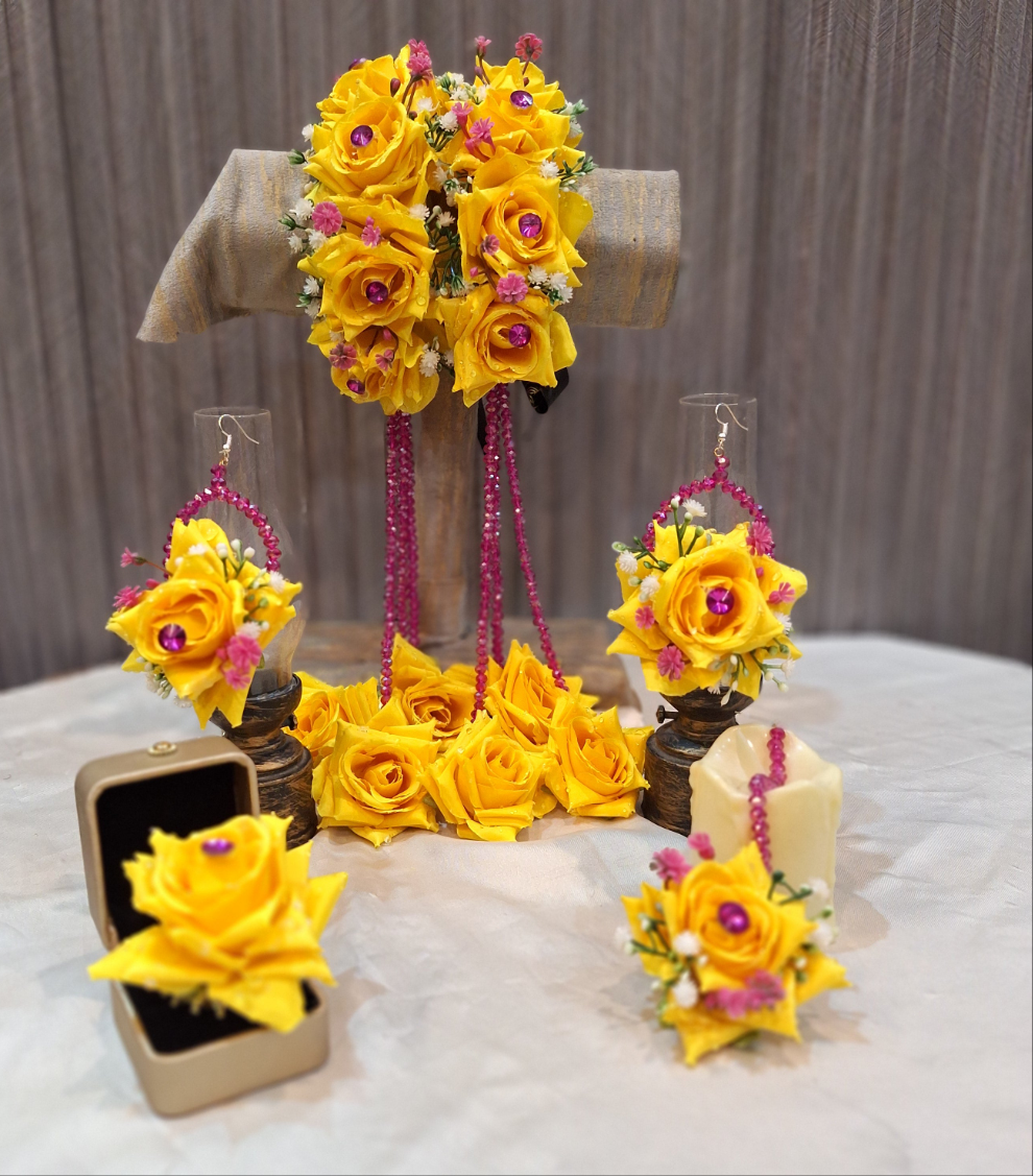Vibrant Yellow Rose Hair Gajra with Purple Beaded Hangings