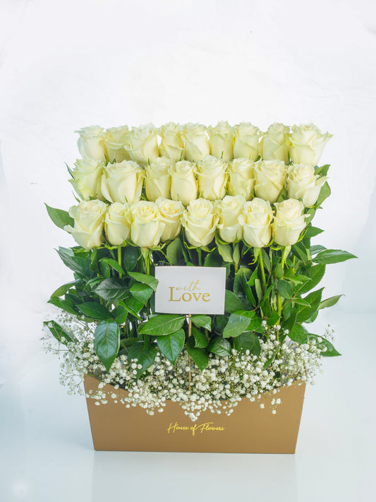 Elegant 24 White Rose Box with Baby's Breath