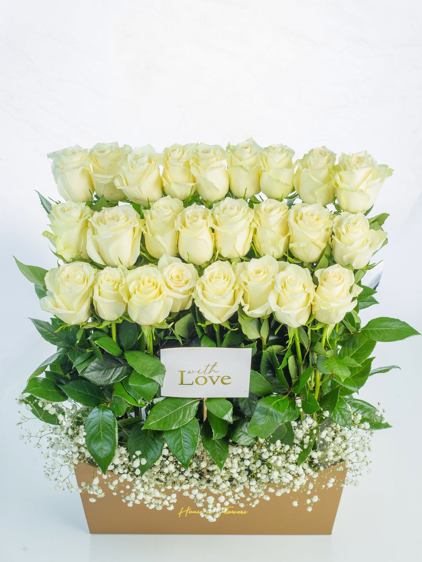 Elegant 24 White Rose Box with Baby's Breath