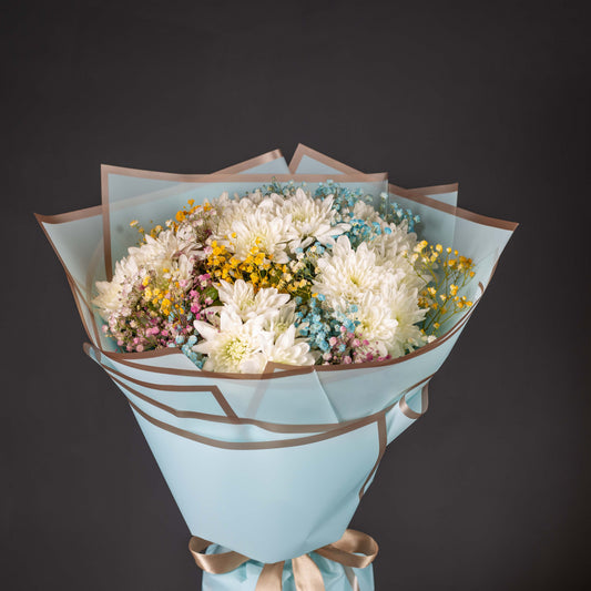 White Chrysanthemum & Vibrant Gypsophila Bouquet in Sky Blue Wrap