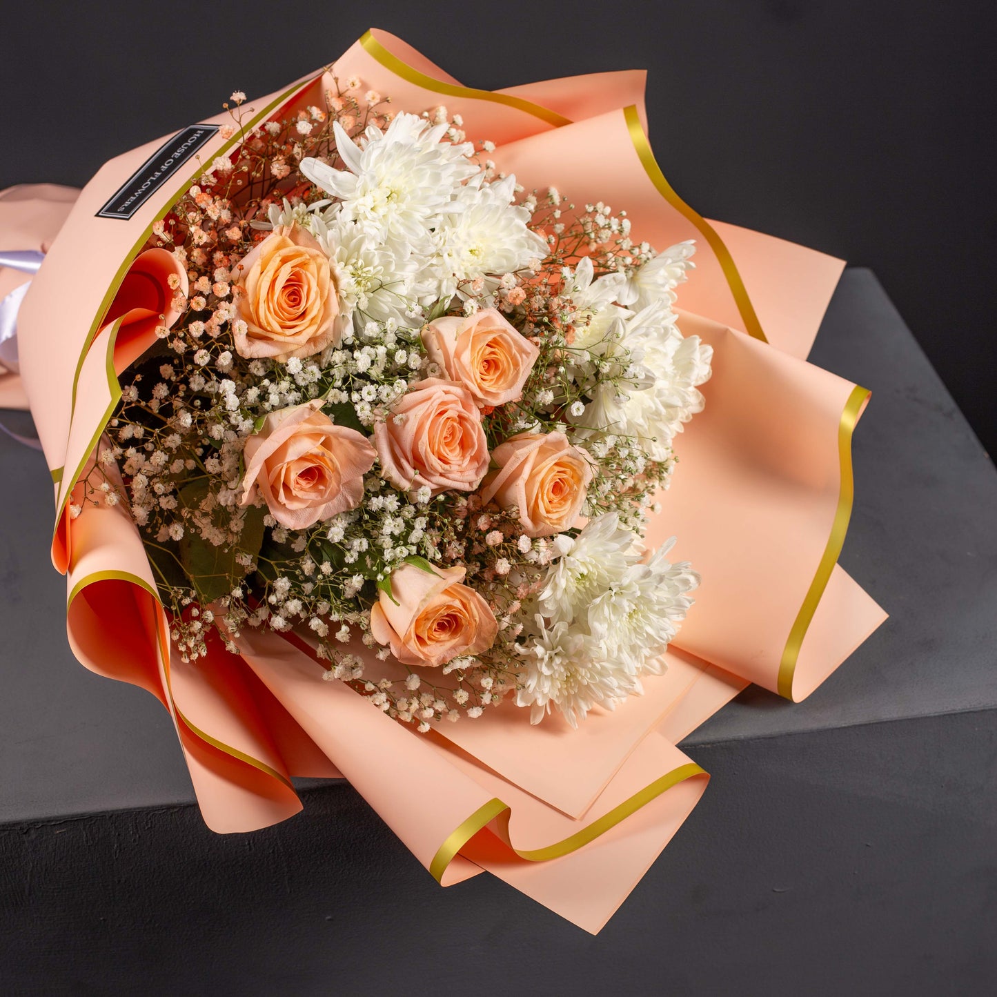 Elegant Peach Roses & White Chrysanthemum Bouquet with "Congrats" Card