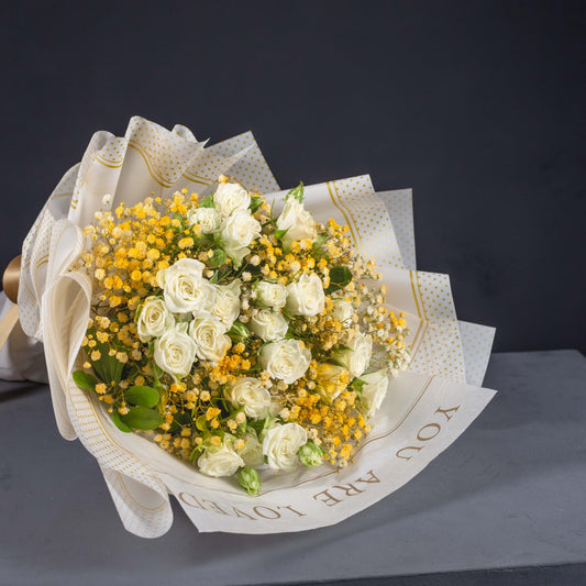 Elegant White Baby Rose & Yellow Gypsophila Bouquet β "You Are Loved"