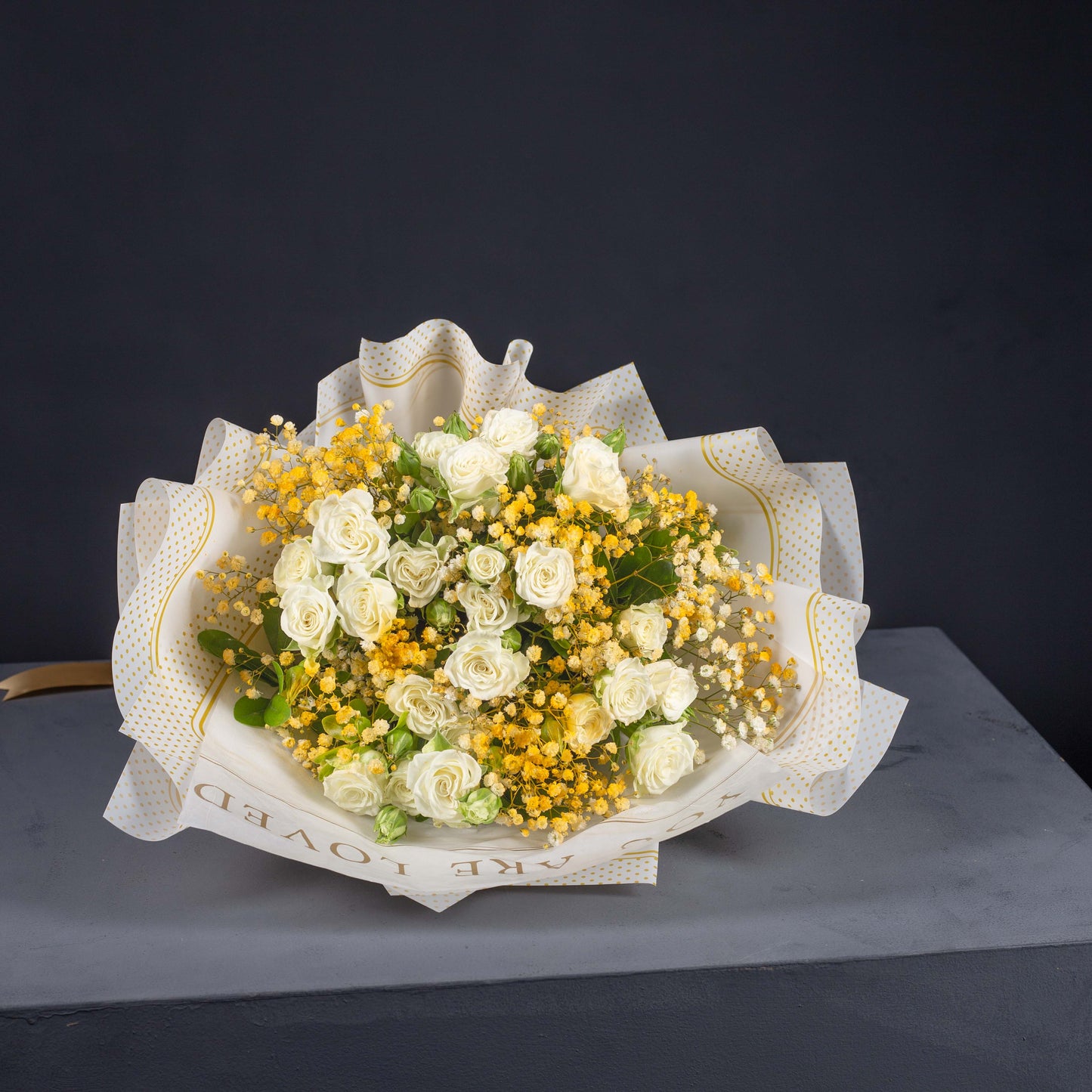 Elegant White Baby Rose & Yellow Gypsophila Bouquet – "You Are Loved"