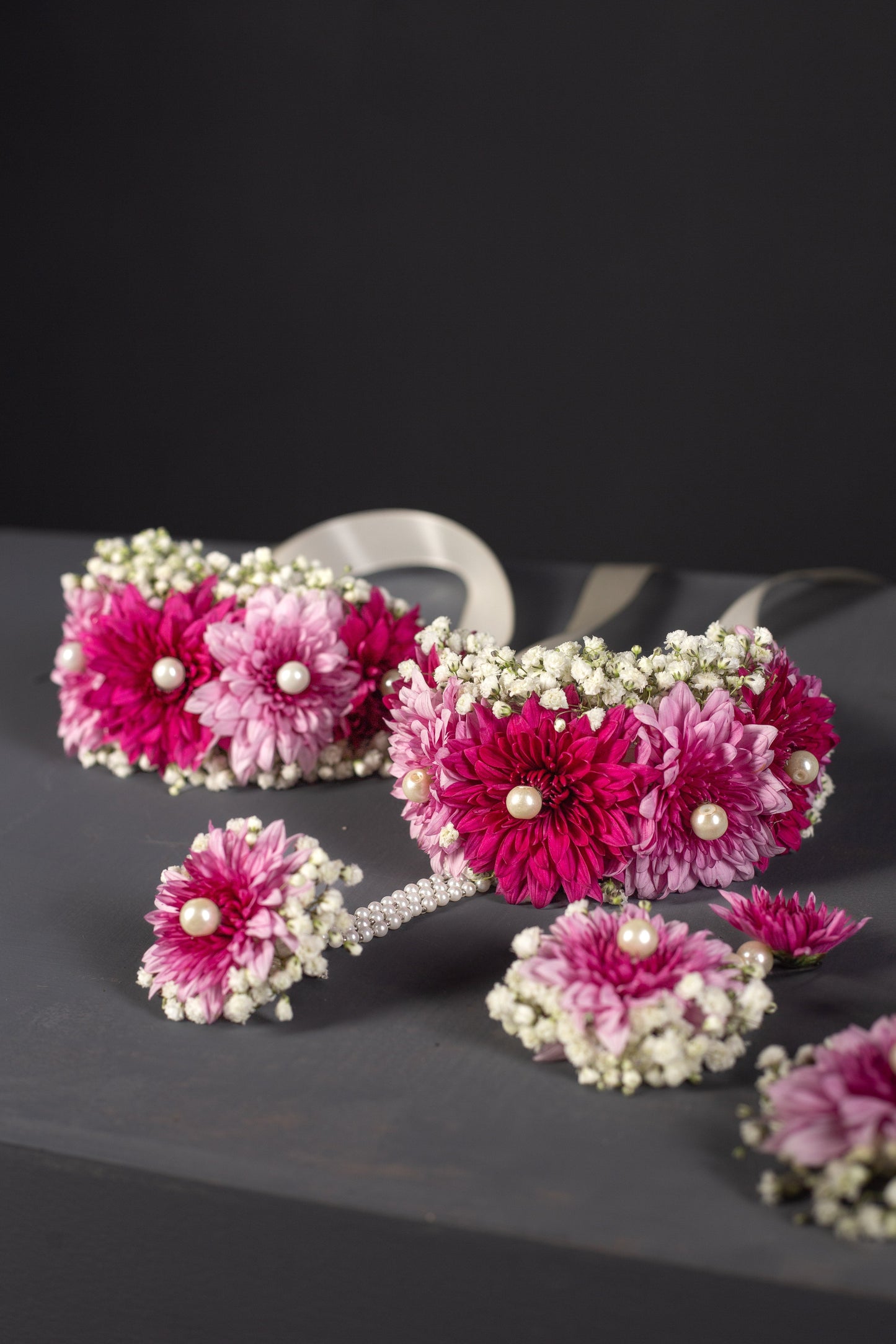 Magenta & Pink Chrysanthemum Floral Jewellery Set with Pearl Accents