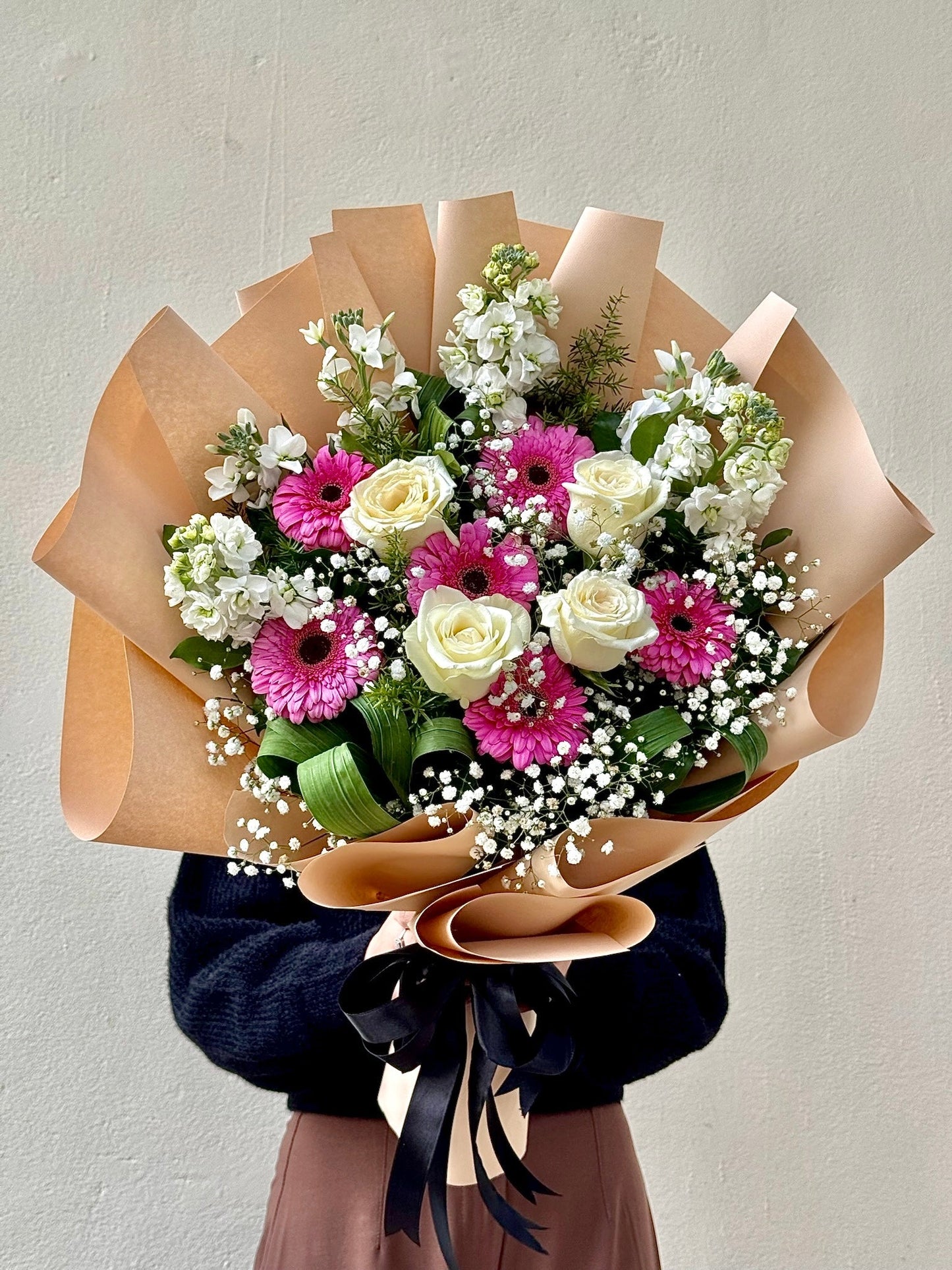 Pink Gerberas & White Rose Elegant Bouquet