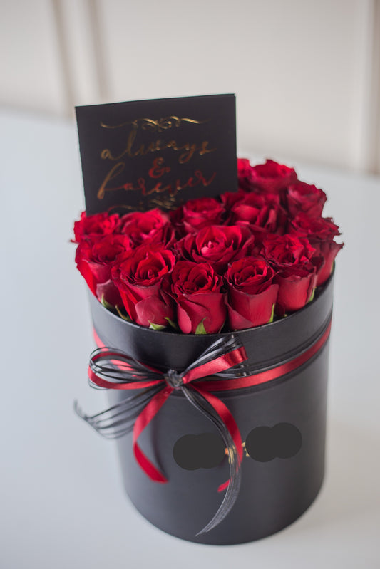Elegant Red Rose Black Cylinder Box with "Always & Forever" Card
