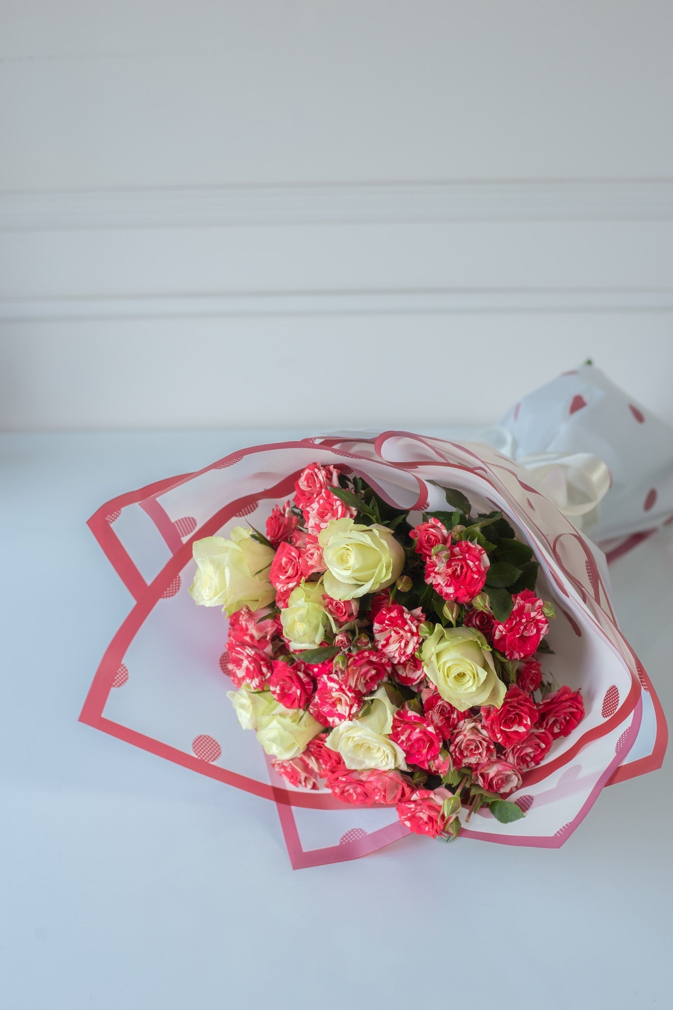 Elegant Mixed Rose & Spray Rose Bouquet with Polka Dot Wrapping