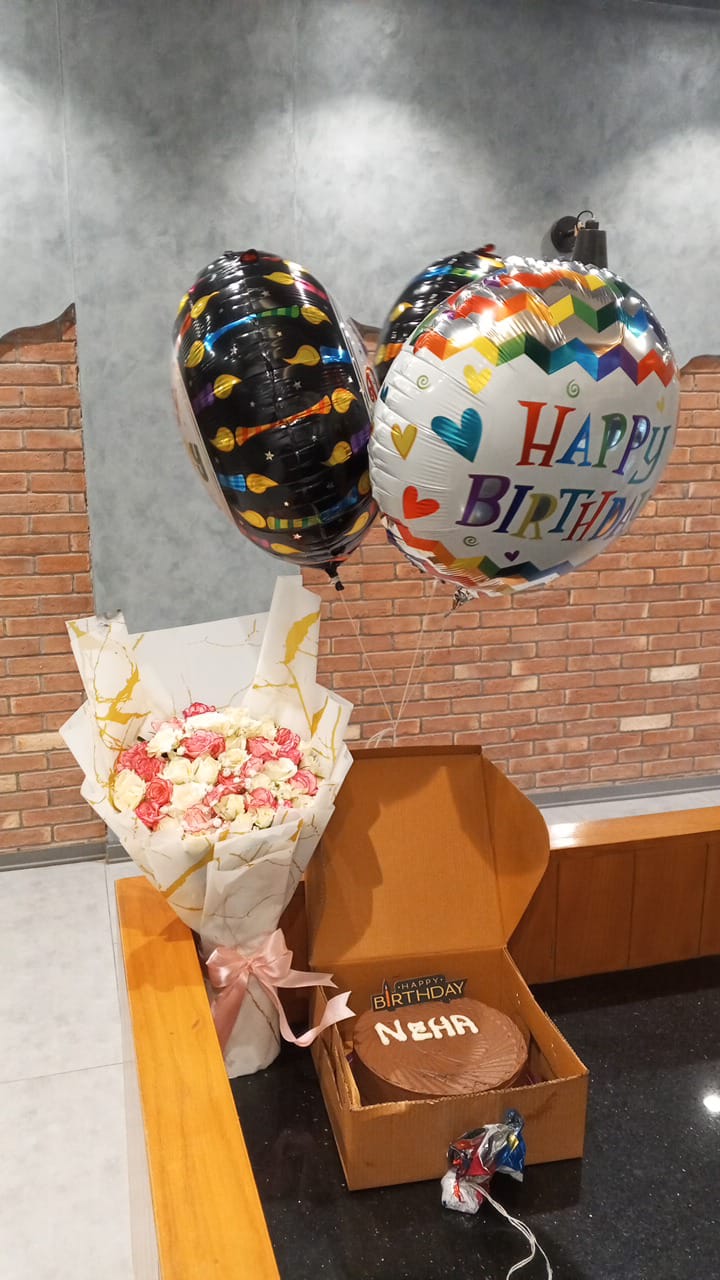 Premium Birthday Combo: Pink & White Rose Bouquet with Chocolate Cake and Helium Balloons
