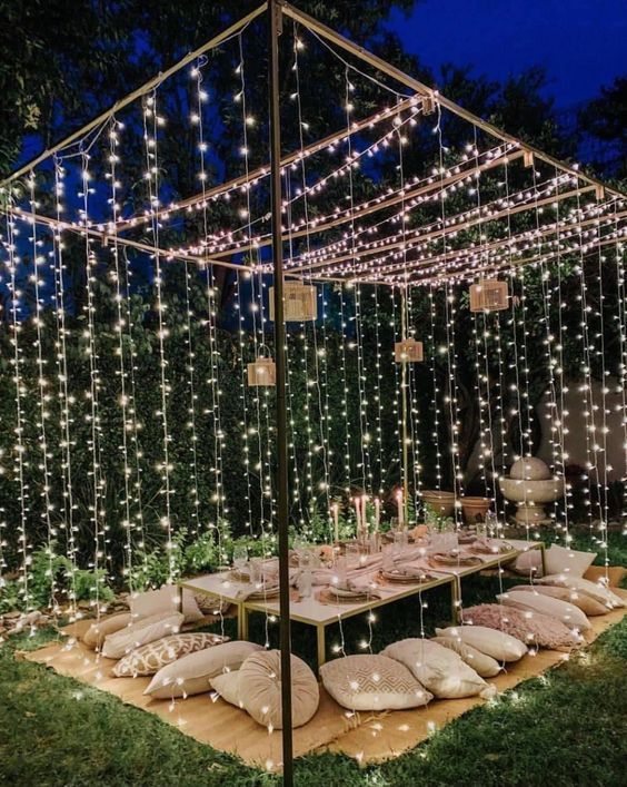 Enchanted Garden Canopy with Twinkling Fairy Lights and Floor Seating