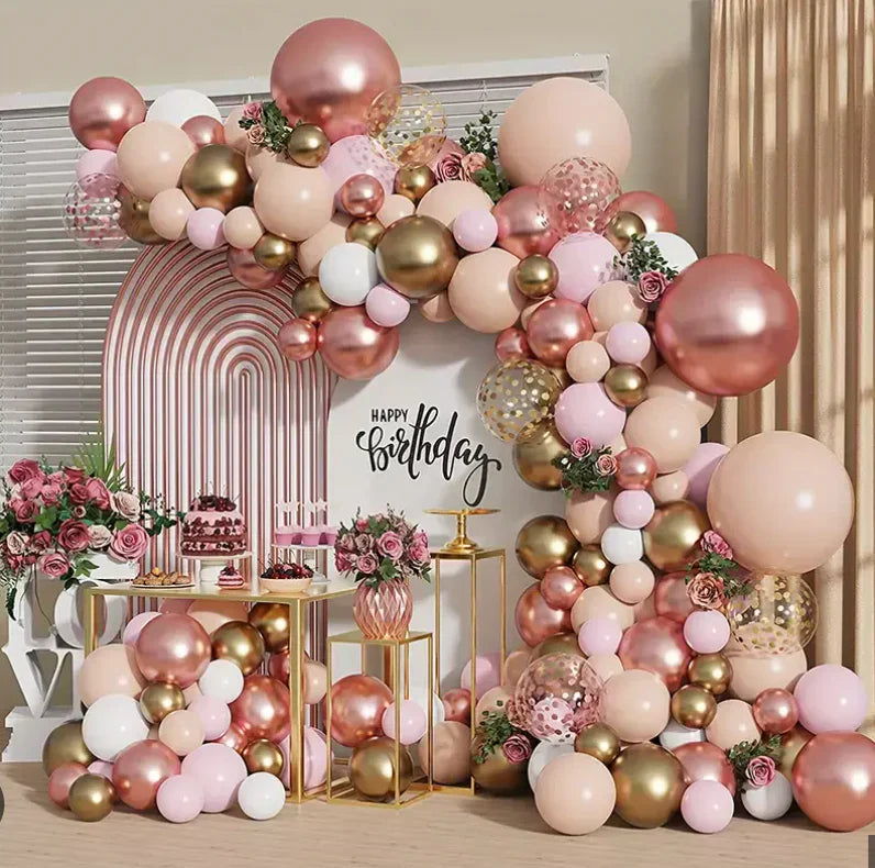 Blush Rose & Metallic Gold Balloon Garland with Floral Accents