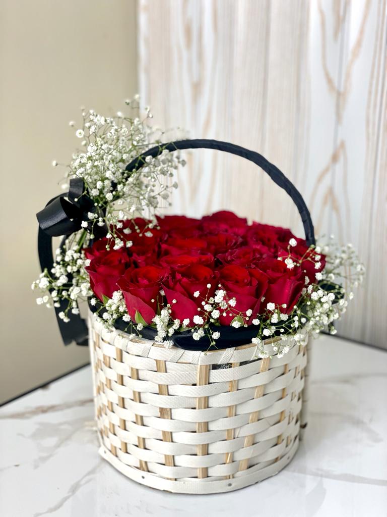 Premium Red Rose Basket with Baby’s Breath & Black Ribbon