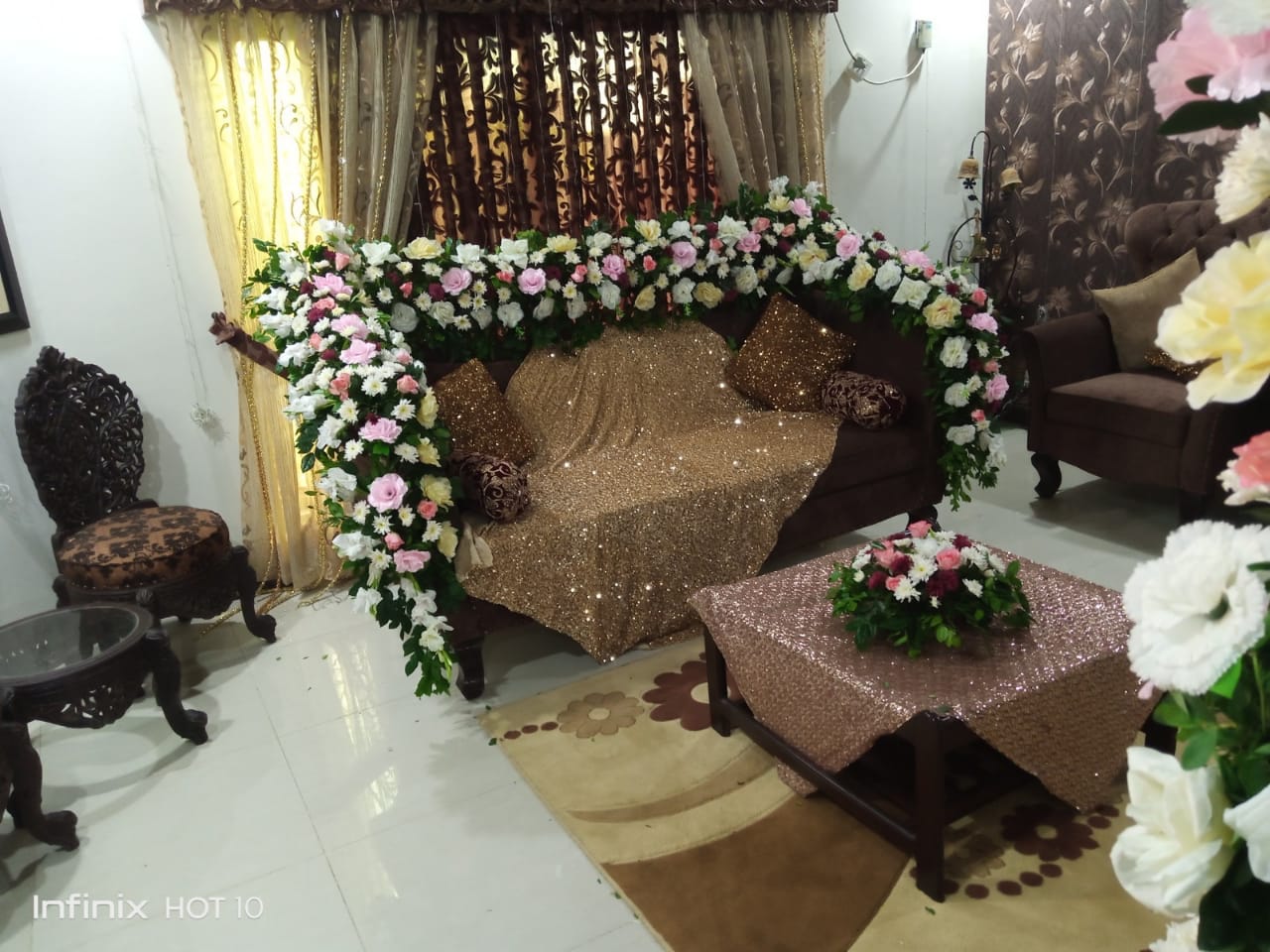 Elegant White & Pink Floral Stage Decor with Jasmine Hangings