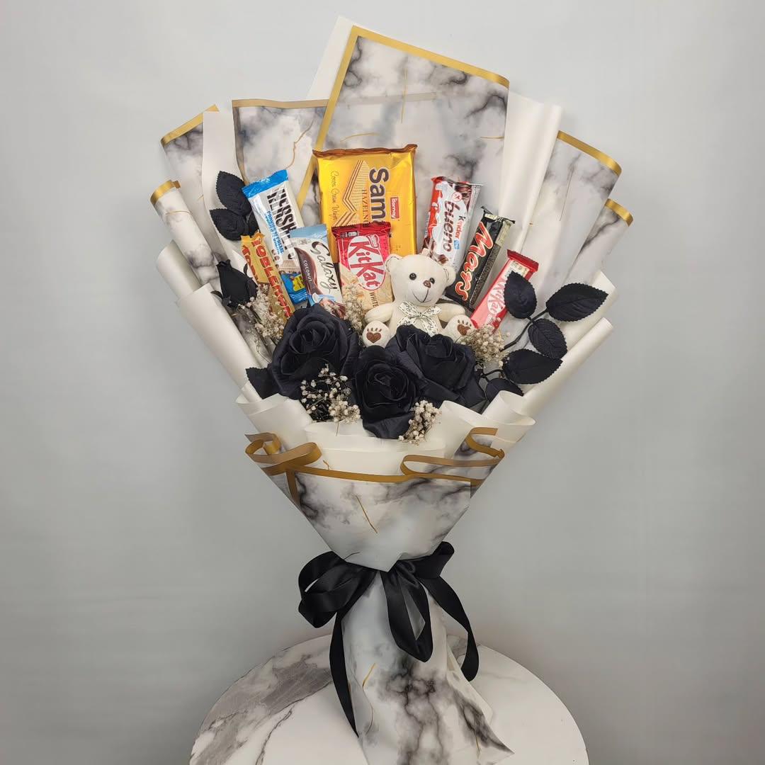 Midnight Black Roses & Premium Chocolate Bouquet with Teddy Bear