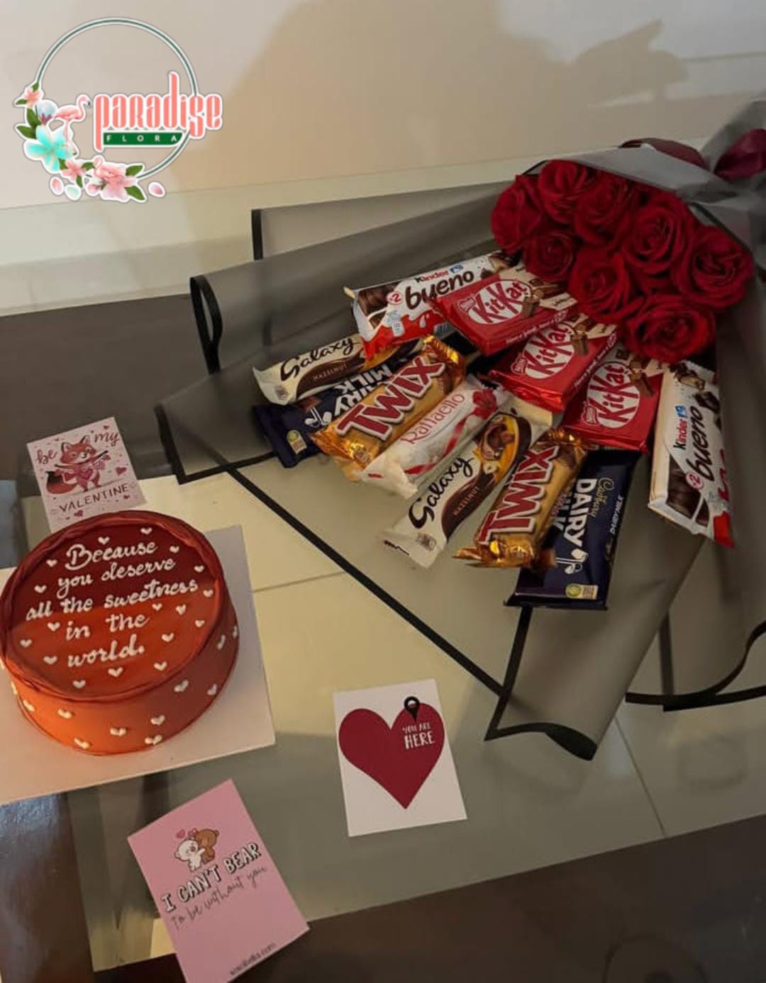 Red Roses & Mixed Chocolate Bouquet with Heartfelt Message Cake