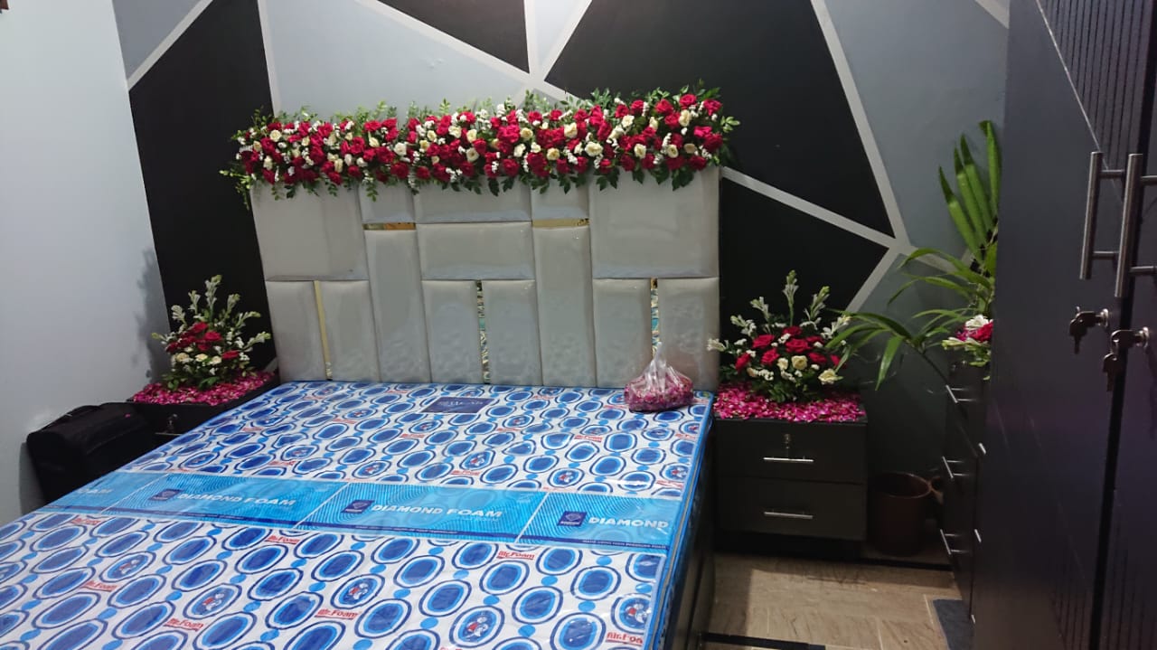 Premium Red and White Rose Bed Decoration with Side Table Arrangements