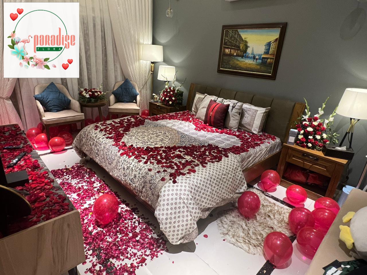 Premium Romantic Bedroom Decor with Red Roses & Balloons