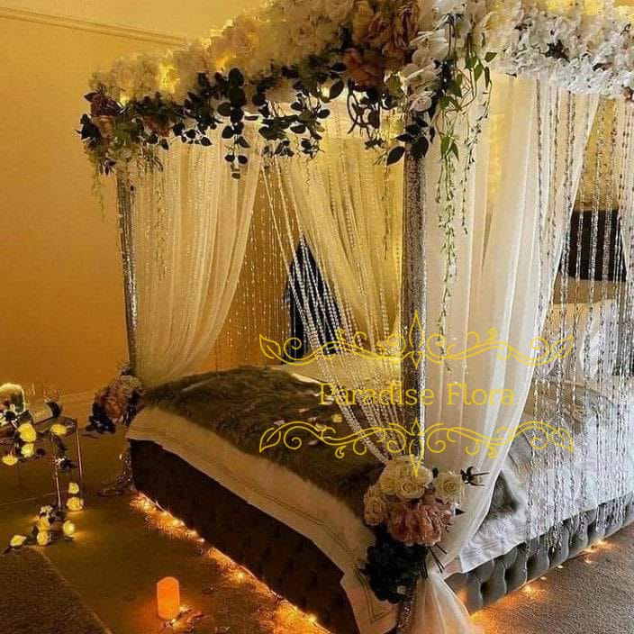 Luxurious Bridal Bed Decoration with White Floral Canopy & Crystal Hangings