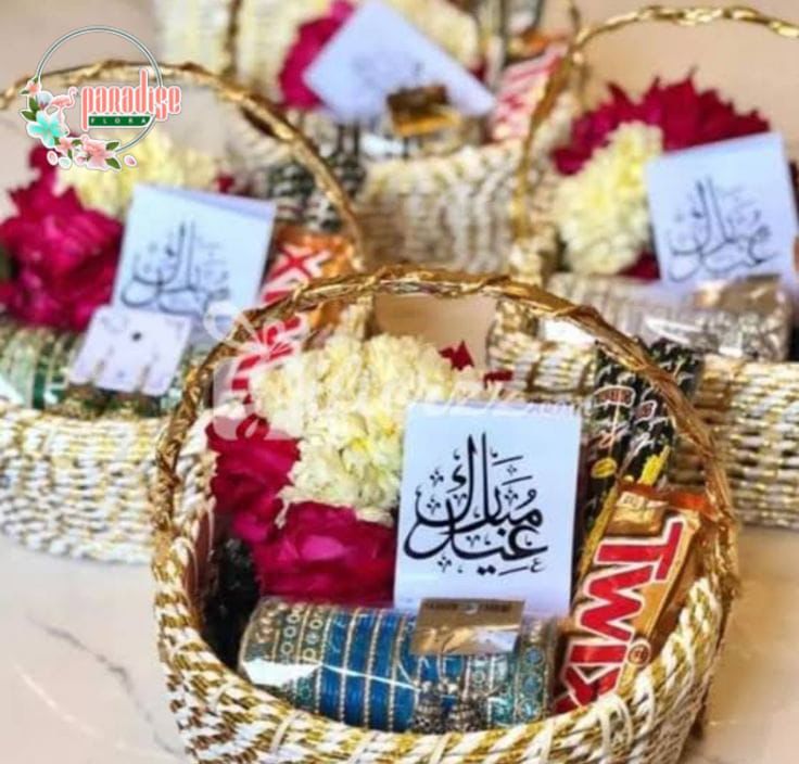 Eid Mubarak Gift Basket with Fresh Flowers & Chocolates