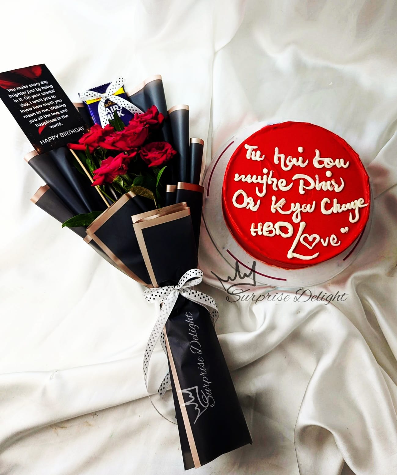 Red Rose Bouquet with Chocolate and Personalized Birthday Cake Combo