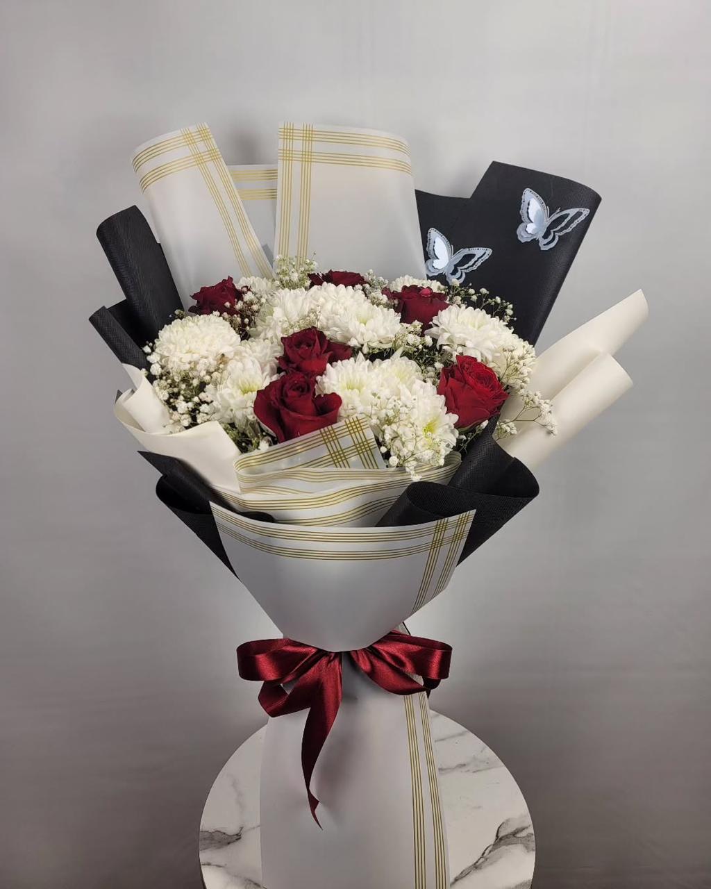 Red Roses & White Chrysanthemum Bouquet with Butterfly Accents