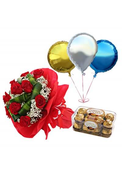 Elegant Red Roses Bouquet with Chocolates & Balloons