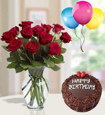 Ultimate Birthday Surprise: Red Roses, Chocolate Cake & Balloons