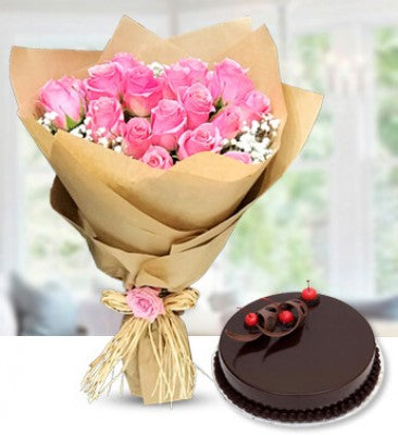 Pink Roses Bouquet with Chocolate Glaze Cake Combo