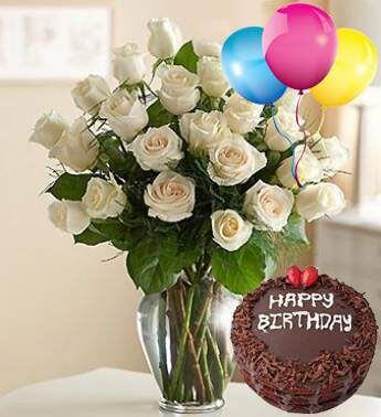 White Rose Vase Arrangement with Chocolate Birthday Cake & Balloons