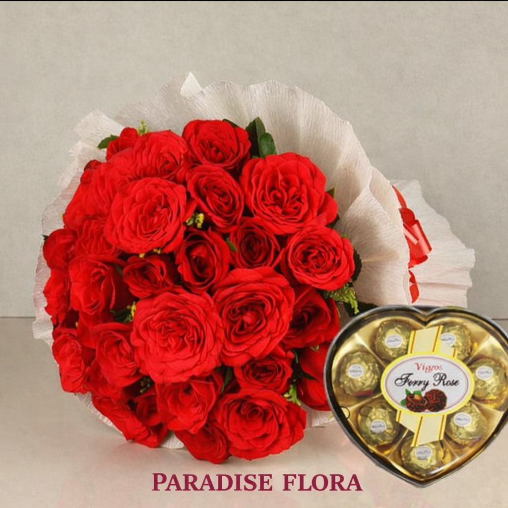 Classic Red Rose Bouquet with Heart-Shaped Chocolates