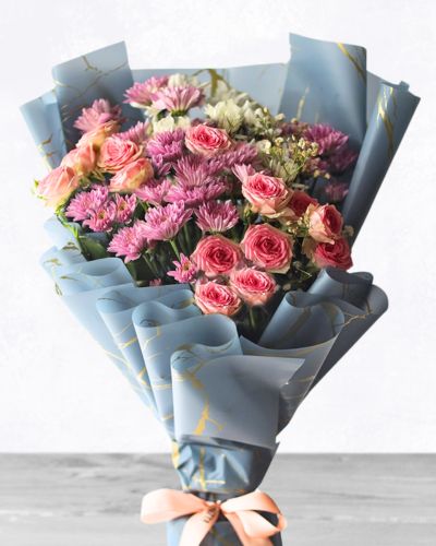Elegant Pink Roses & Purple Chrysanthemum Bouquet in Marble Blue Wrap