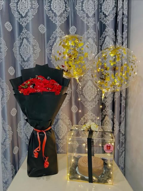 Golden Glow Red Rose Bouquet with LED Balloons & Cake Combo