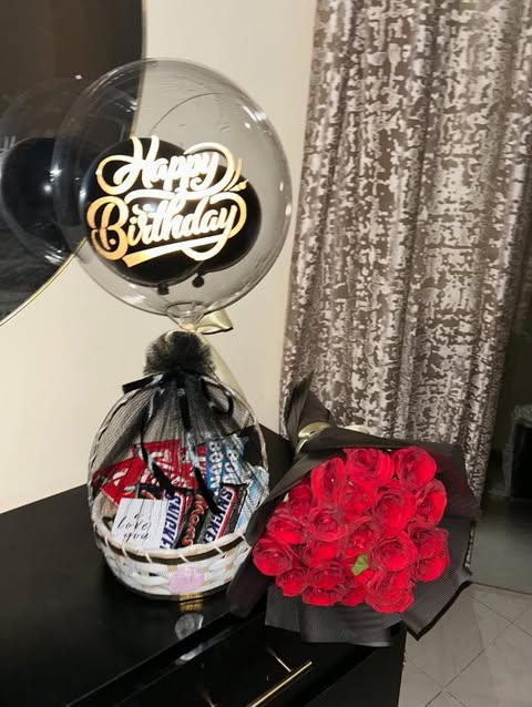 Red Rose Bouquet with Birthday Balloon & Chocolate Basket
