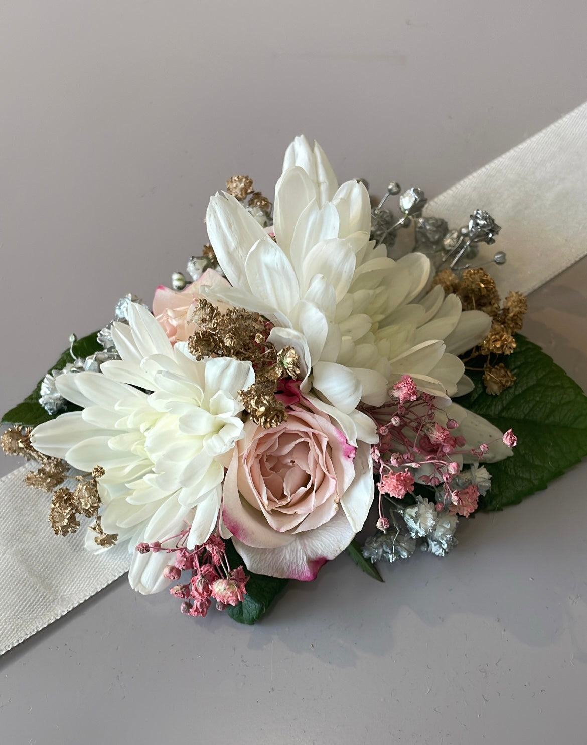 Elegant White Chrysanthemum & Pink Rose Wrist Corsage