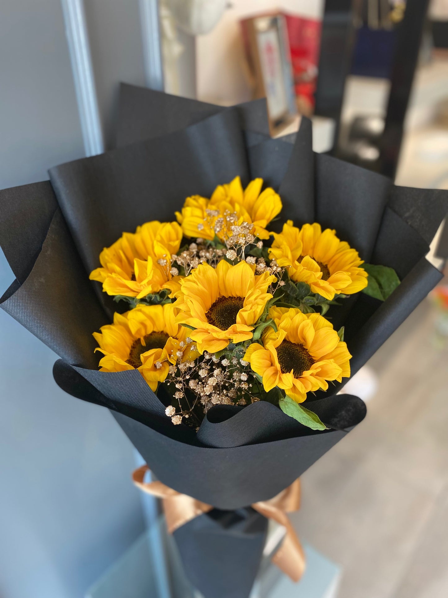Radiant Sunflower Bouquet in Bold Black Wrap