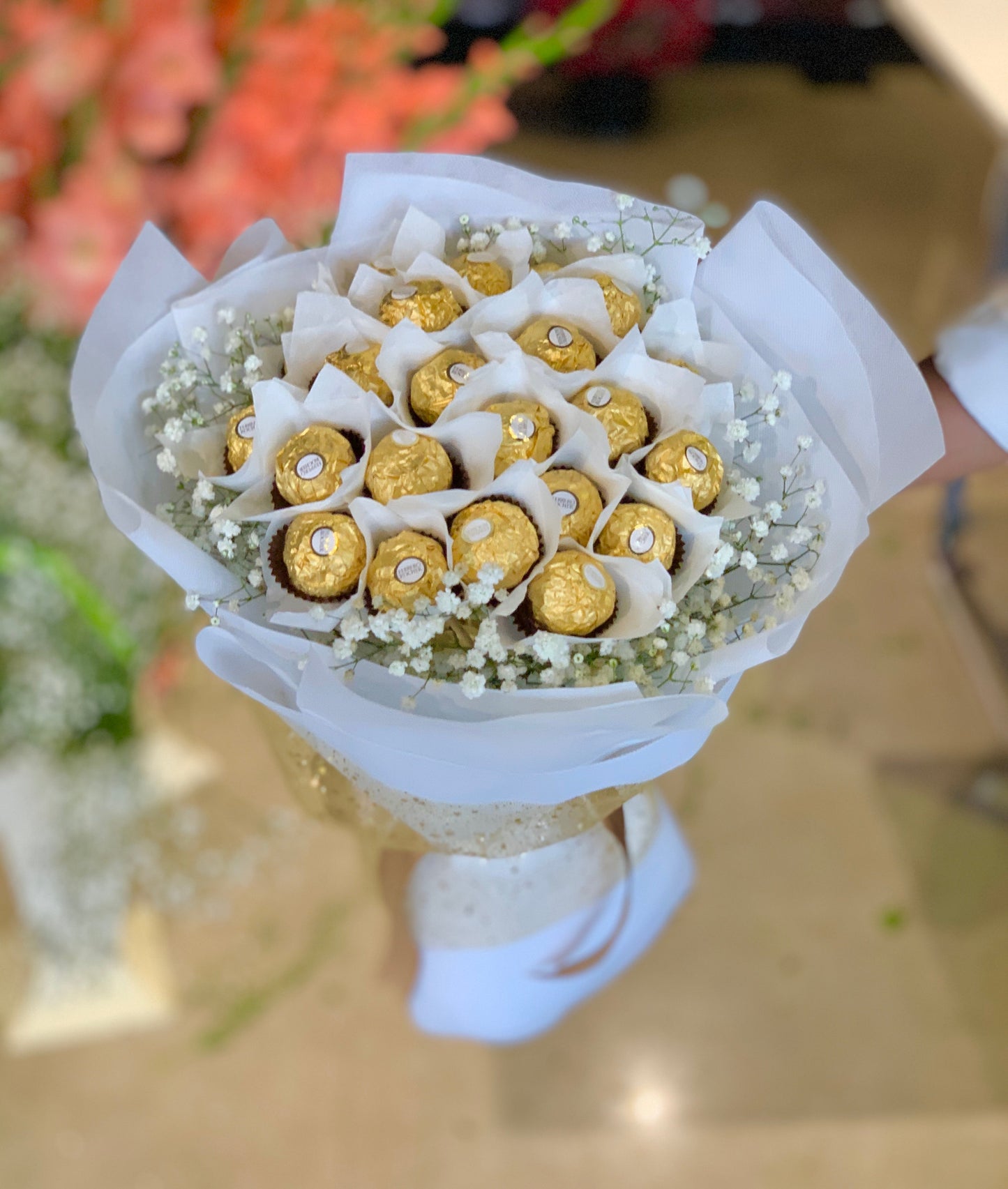Ferrero Rocher Chocolate Bouquet with White Baby's Breath