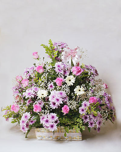 Elegant Pink & Purple Mixed Floral Basket with White Gerberas
