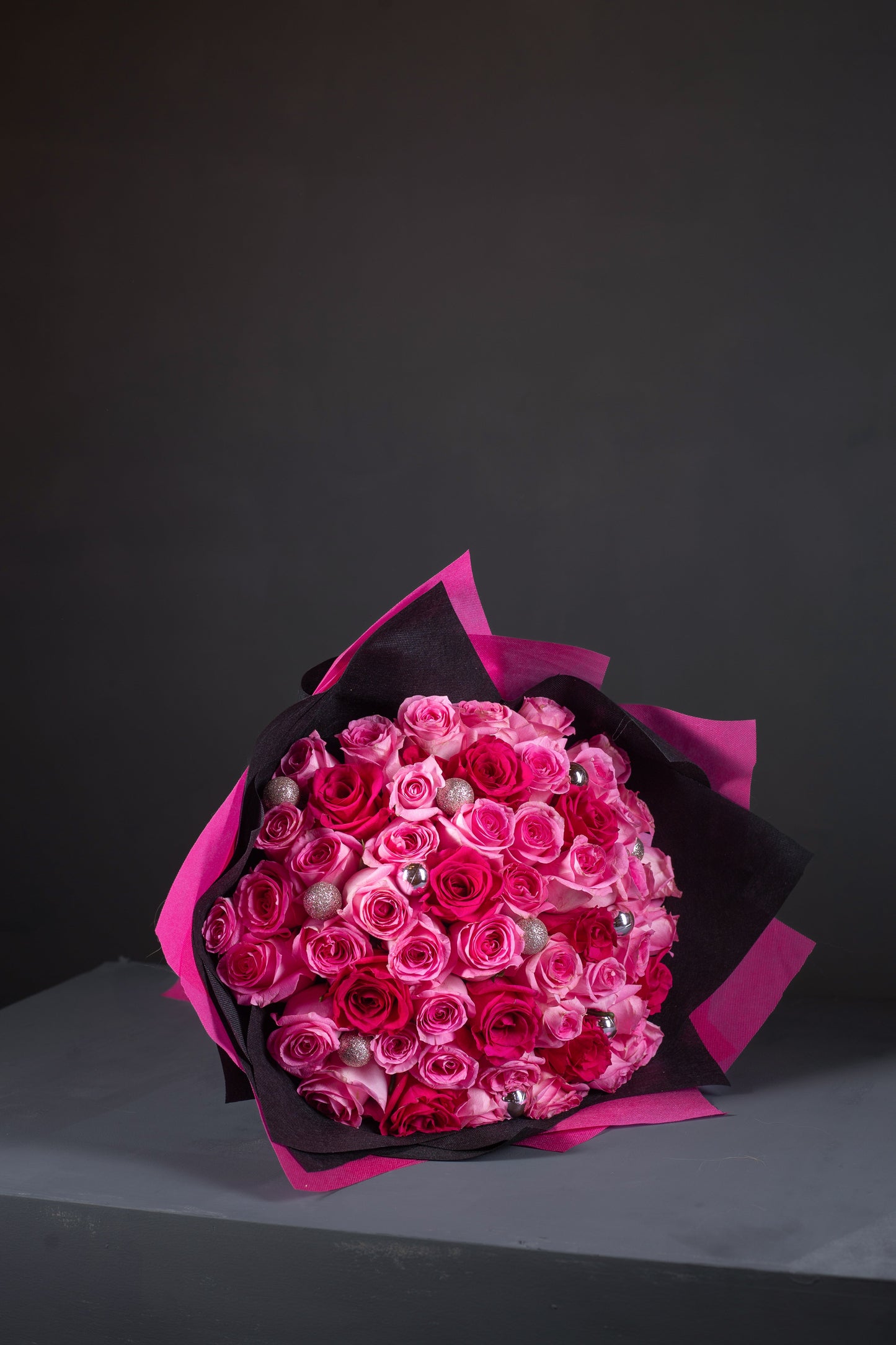 Pink and Magenta Rose Bouquet in Premium Black and Pink Wrap