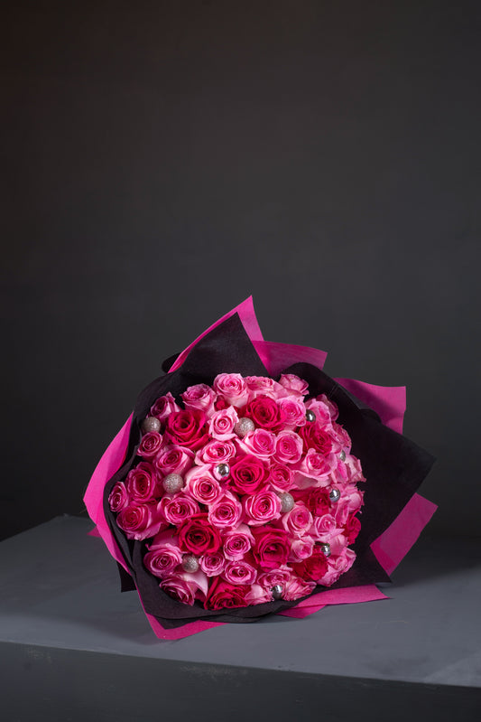 Pink and Magenta Rose Bouquet in Premium Black and Pink Wrap