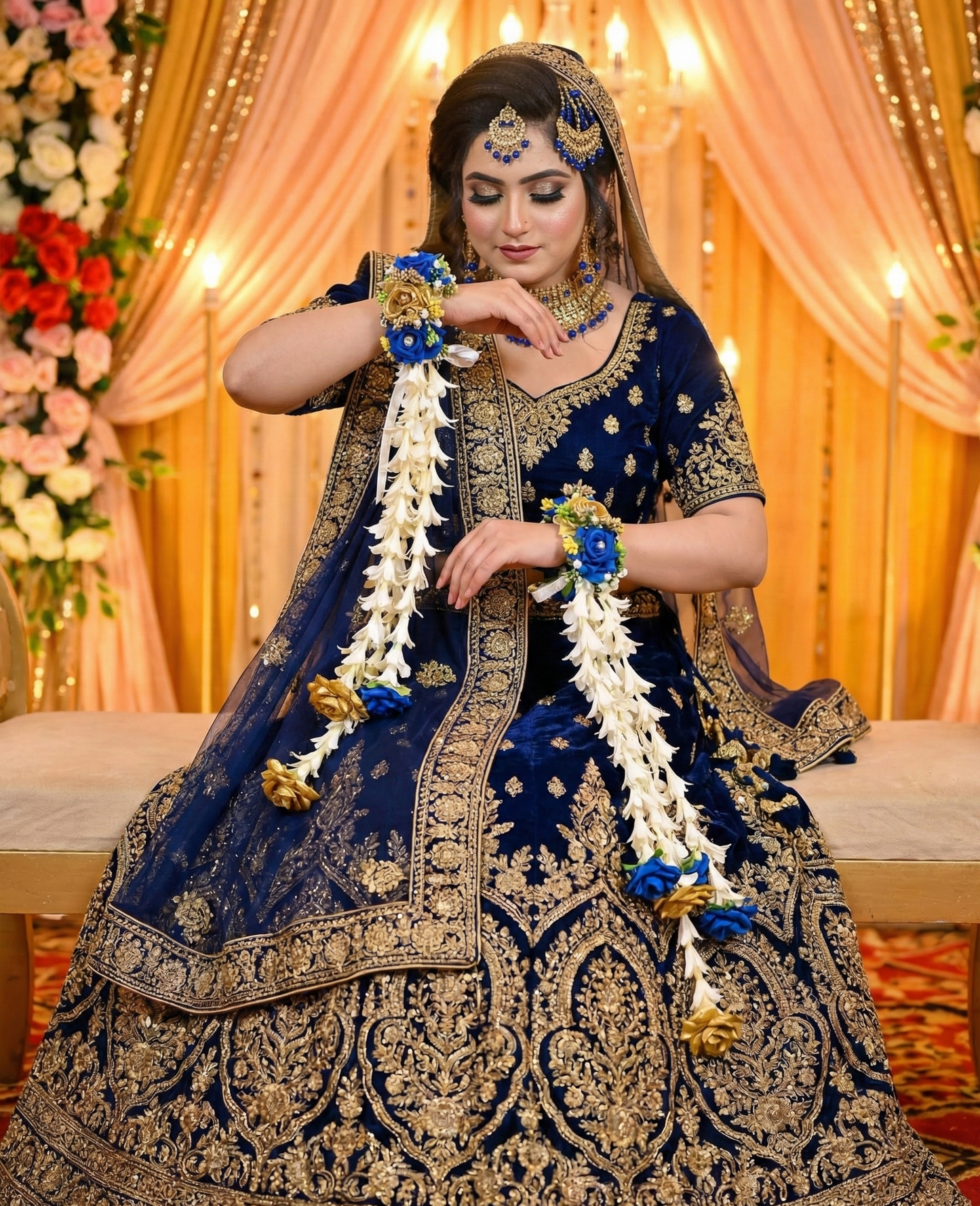 Blue & Gold Floral Gajray with Long Jasmine Tassels