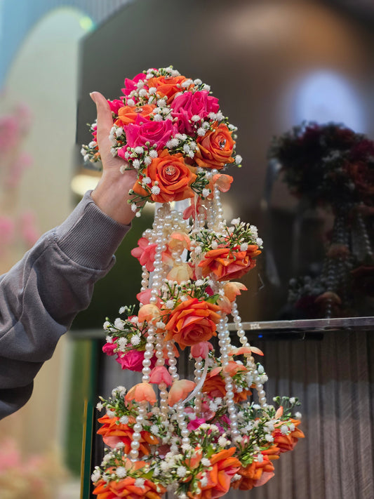 Vibrant Orange & Pink Floral Kaleere with Pearl Strings