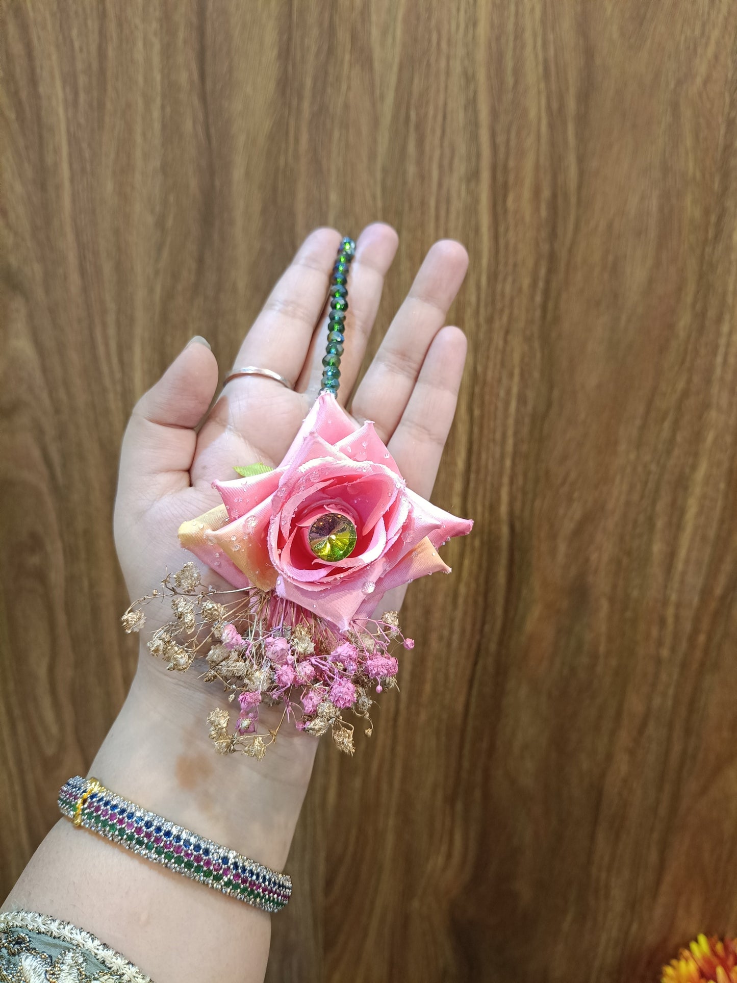 Elegant Pink Rose Floral Hair Gajara with Crystal Accents