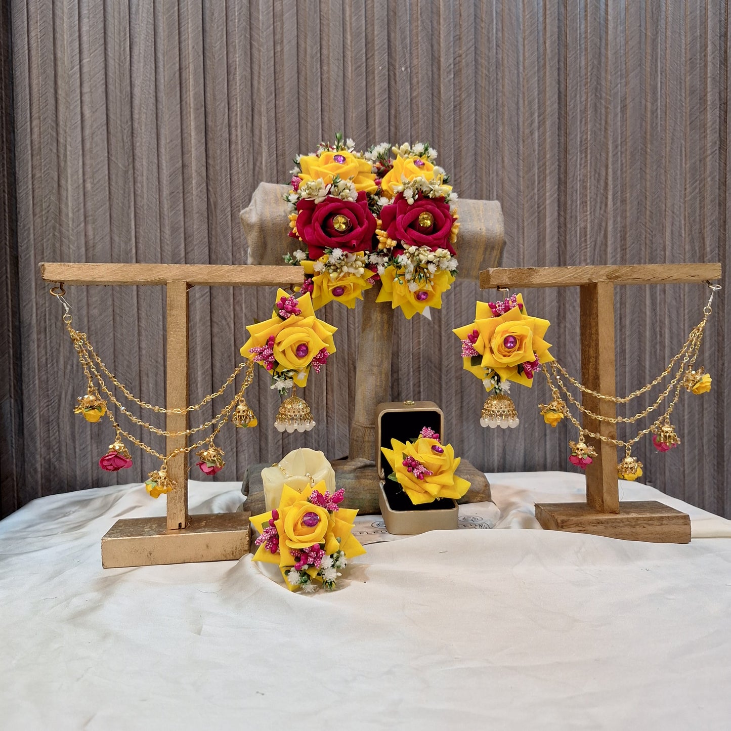 Handcrafted Yellow & Maroon Floral Jewellery Set with Jhumka Earrings
