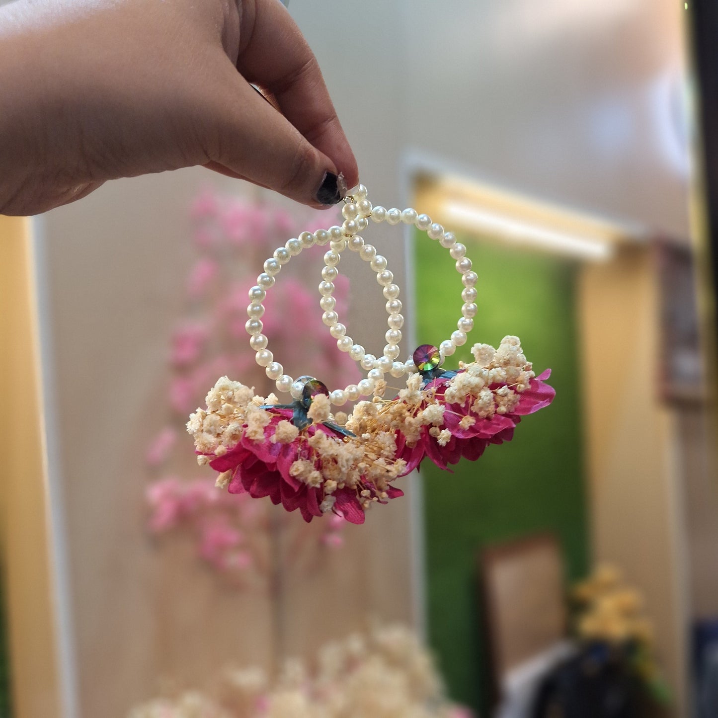 Handcrafted Pearl Hoop Floral Earrings with Pink Petals