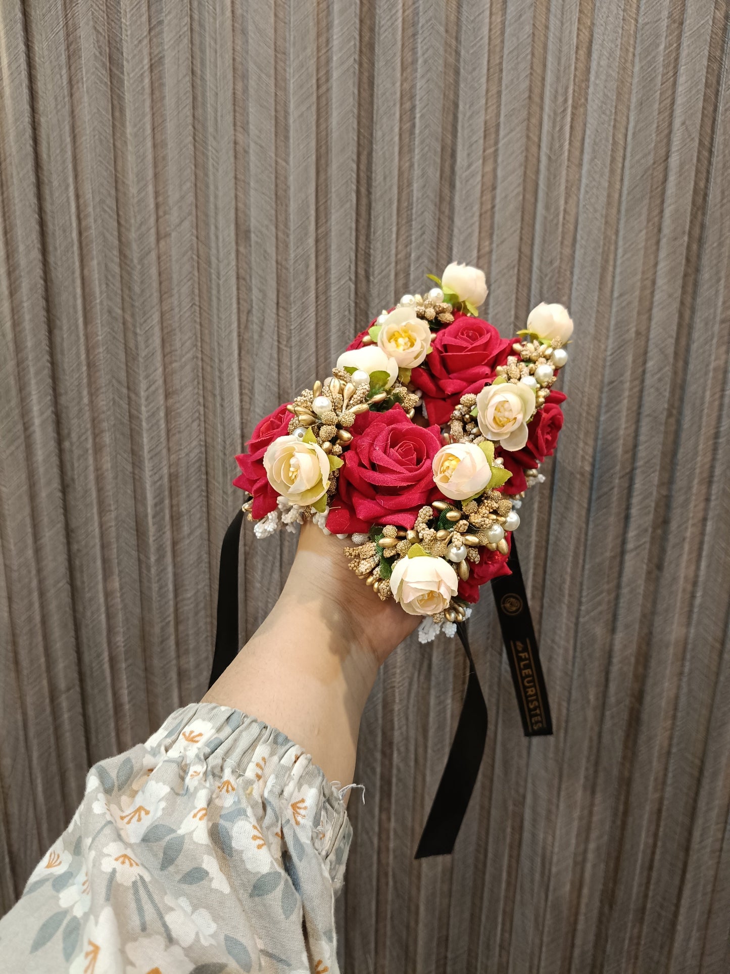Elegant Red & Cream Floral Wrist Corsage Set (Gajray)