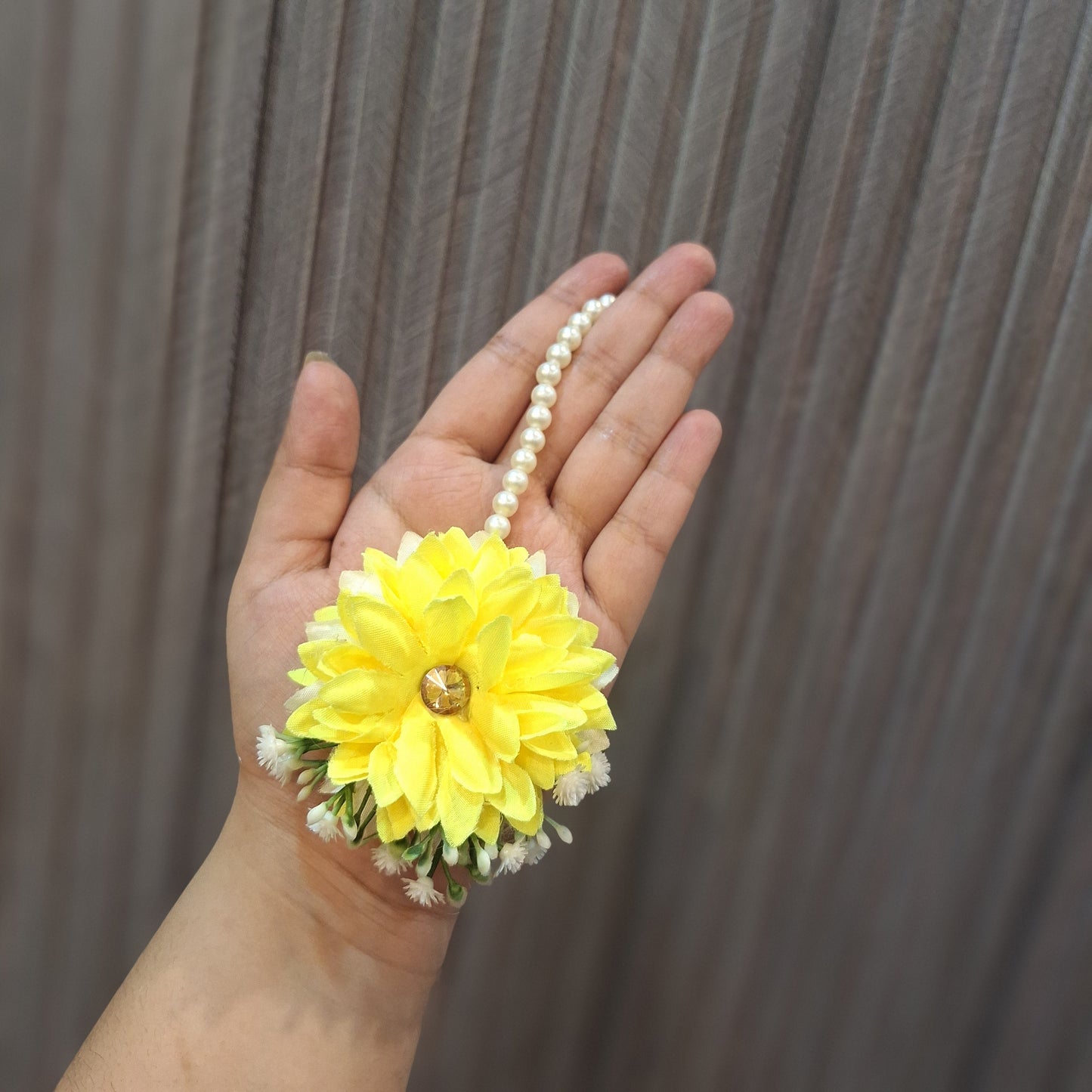 Elegant Yellow Floral & Pearl Hoop Earrings (Jhumki Style)