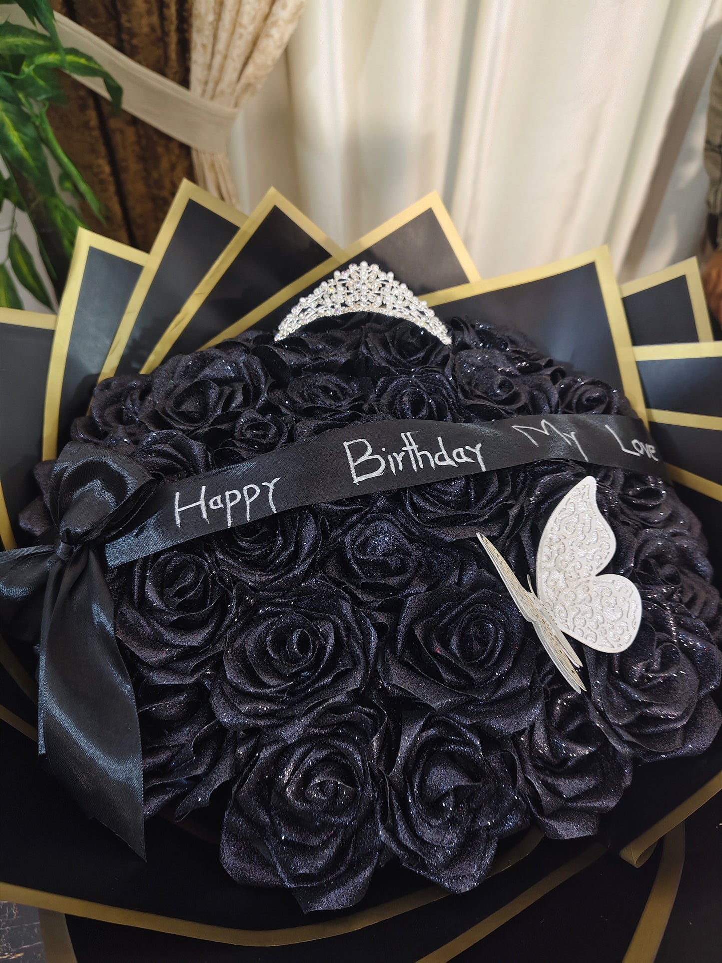 Glittery Purple Rose Bouquet with Silver Butterfly Accents