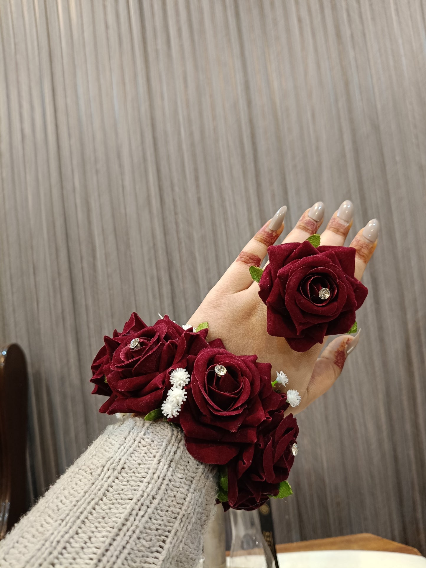 Handcrafted Deep Red Rose Floral Jewelry Set with Pearl Accents