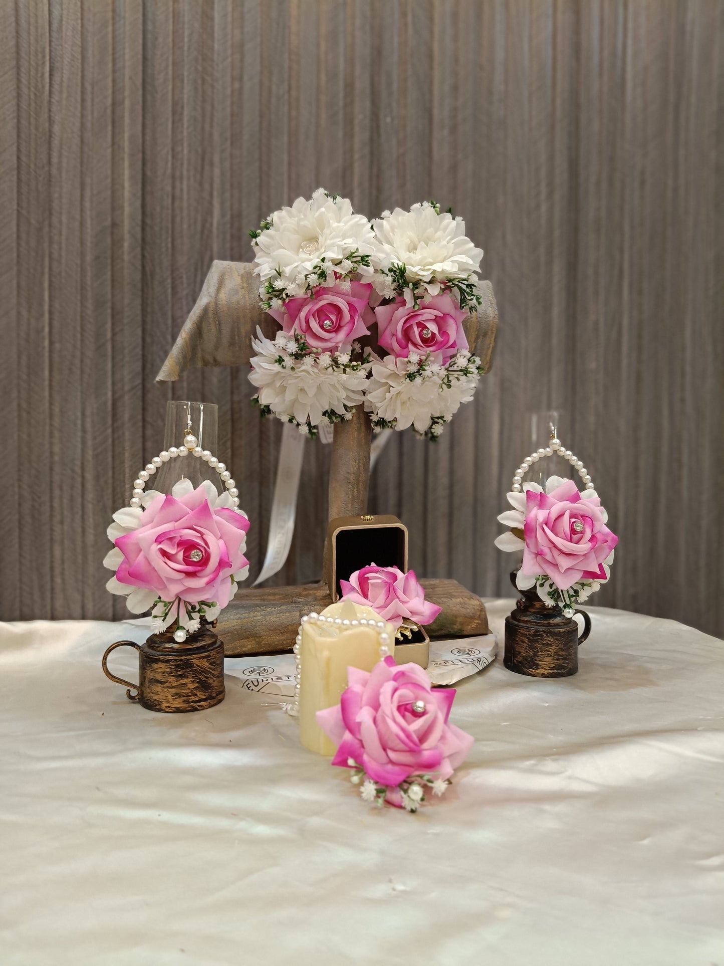 Elegant Pink Rose & White Jasmine Floral Jewelry Set for Mehndi & Mayun